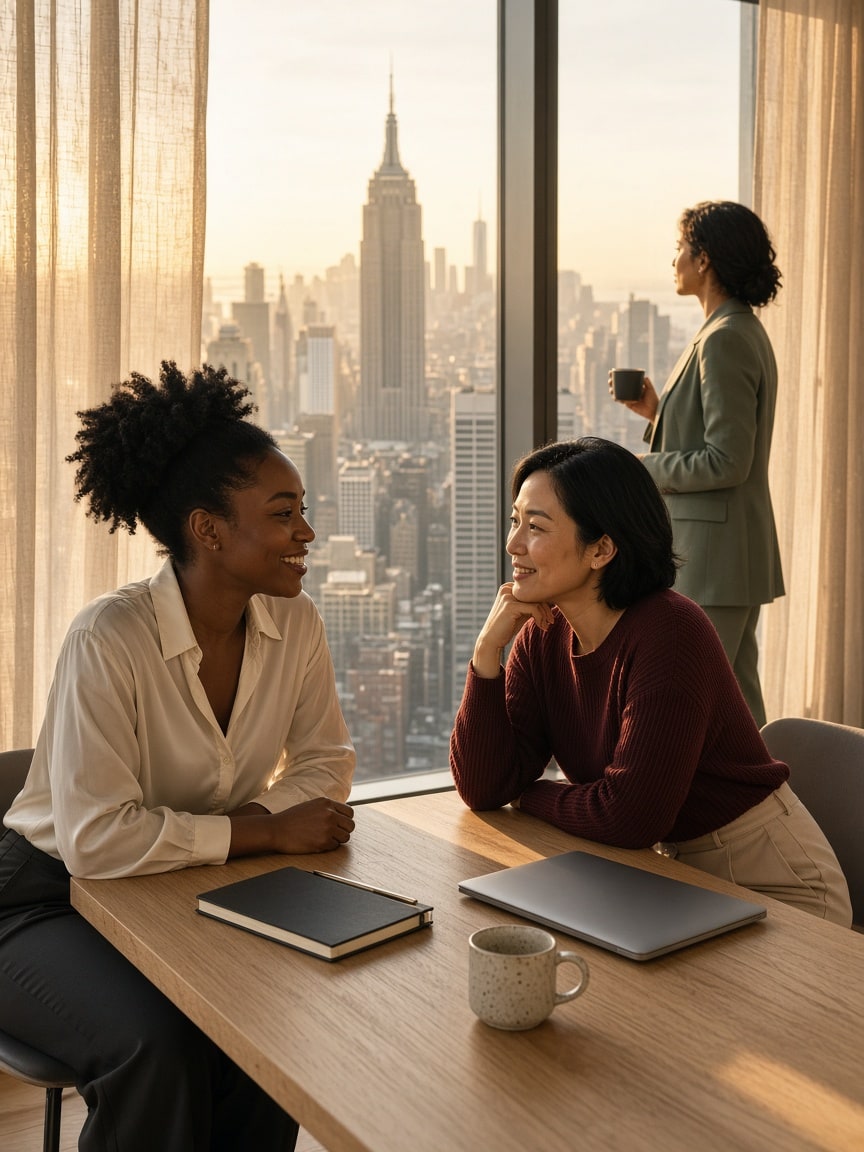 Women working together in a high-floor New York office overlooking the city skyline